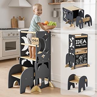 COSYLAND 4-In-1 Toddler Kitchen Step Stool - Foldable Learning Standing Tower with Blackboard - Convertible Wooden Kitchen Stool Helper for Kids Boys Girls (Grey & Natural)