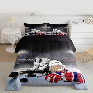 Erosebridal Ice Hockey Comforter Set Full, Hockey Player Down Comforter for Kids Boys Girls Teens Juvenile, Sports Game Duvet Set, Soft Winter Quilted Duvet Sports Bedroom Decor for All Season