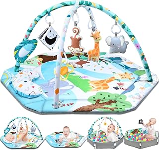 Baby Gym Play Mat, 8-in-1 Tummy Time Mat & Ball Pit with 6 Toys, Washable Baby Activity Play Mat for Visual, Hearing, Sensory, Motor Development, Baby Toys Gift for Toddler Infant 0-3-6-9-12 Months
