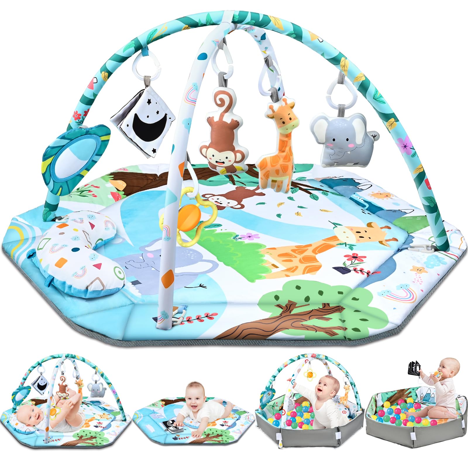 Baby Gym Play Mat, 8-in-1 Tummy Time Mat & Ball Pit with 6 Toys, Washable Baby A
