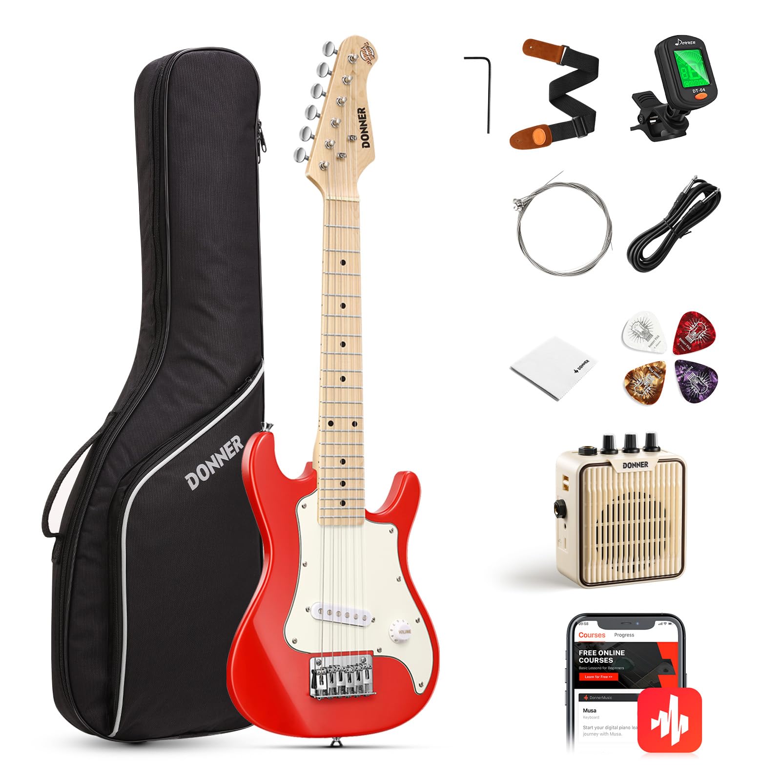 Donner 30 Inch Kids Electric Guitar Beginner Kit ST-Style (Red) | Mini Electric 