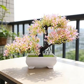 Artificial Bonsai Plants Juniper Tree Artificial Potted Bonsai Potted Plants for Home Office Decoration (Pink)