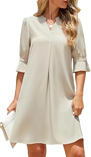 Enmain Womens V Neck Summer Dresses Casual Knee Length Ruffle Half Sleeve Shift Dress with Pockets