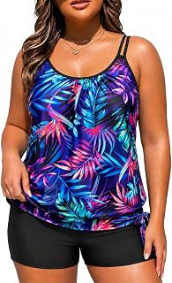 Holipick Women Plus Size Two Piece Tankini Swimsuit Tummy Control Bathing Suits Blouson Tankini Top with Boy Shorts