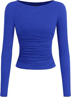 PRETTYGARDEN Camicie a maniche lunghe da donna 2025 autunno increspato lati scollo a barca t-shirt basic casual aderente a costine crop top in maglia