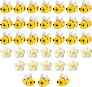 APOMOONS 24 decorative bees and 12 white crochet flowers, felt bees, small bees, felt decoration, mini bee, ladybug, decoration for crafts, shop, clothes,