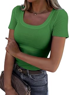 BIDITANLE Women's Ribbed Knit Short Sleeve T-Shirts Slim Fitted Square Neck Casual Summer Basic Top