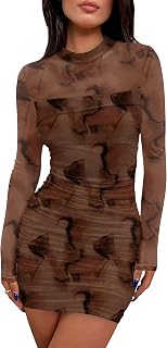 WIHOLL Women's Mesh Sheer Long Sleeve Ruched Mini Dress Sexy Bodycon Mock Neck Cocktail Party Club Spring Dresses 2026