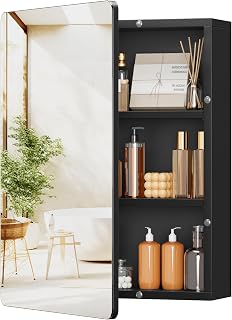 TEENFON Medicine Cabinet with Mirror 23.8 x 17.7 Inch, Bathroom Mirror with Storage, 2 Adjustable Shelves, Recessed or Wall Mount Bathroom Cabinet, Black