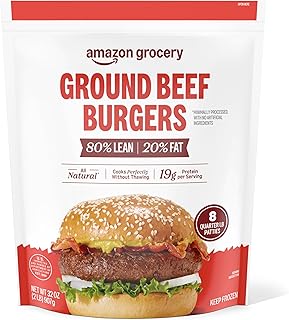 Amazon Grocery, Ground Beef Burgers, 80% Lean, 20% Fat, 32 Oz, 8 Ct, Frozen