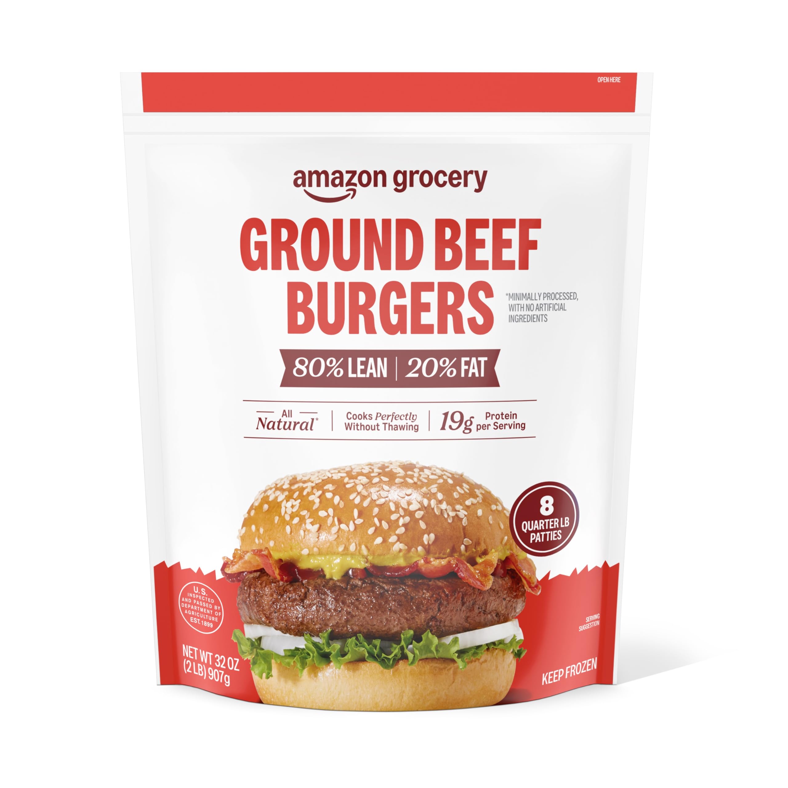 Amazon Grocery, Ground Beef Burgers, 80% Lean, 20% Fat, 32 Oz, 8 Ct, Frozen
