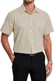 HISDERN Men's Short-Sleeved Summer Bamboo Fibre Shirt with Buttons and Pockets