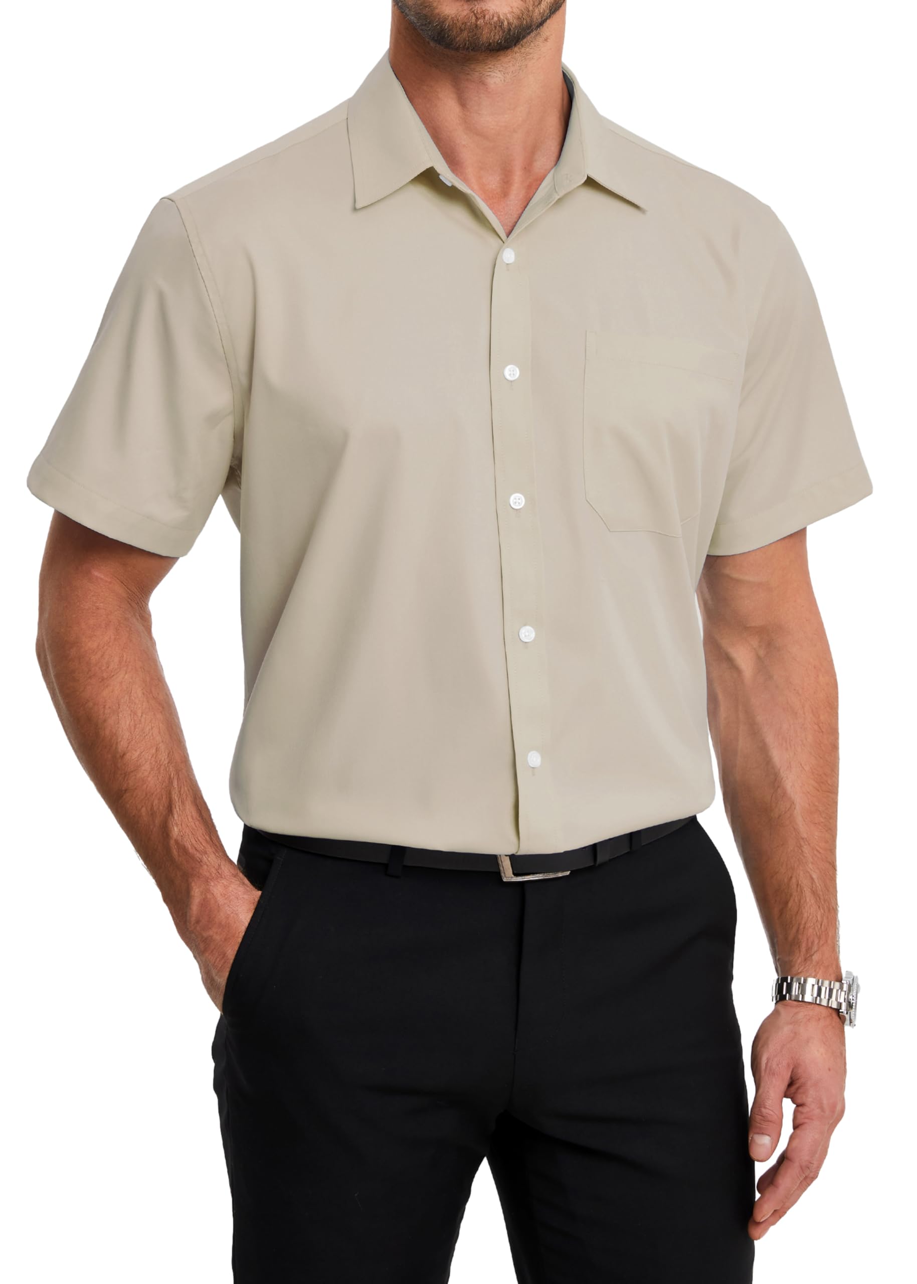 HISDERN Men's Short-Sleeved Summer Bamboo Fibre Shirt with Buttons and Pockets