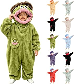 Kids Funny Big Mouth Monster Onesie Cute Fleece Jumpsuit Novelty Rompers | Silly Big Mouth Monster Onesies Fuzzy Plush Romper Cartoon Animal Hooded Jumpsuits Frog Loungewear Halloween Cosplay Costumes