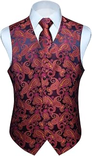 HISDERN Men's Vest Tie Set 3 Pieces Formal Waistcoat Paisley Floral Jacquard Tie Pocket Square Suit Vest Wedding Party