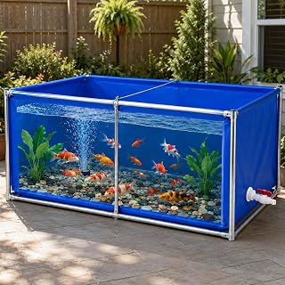 Large Koi Pond 59 x 39.4 x 23.6 in, PVC Fish Pond with Viewing Window | 3-Layer PVC, Clear Observation Panel, 1mm Galvanized Steel Frame, Drain Valve, Assembly Required, Indoor Outdoor Use