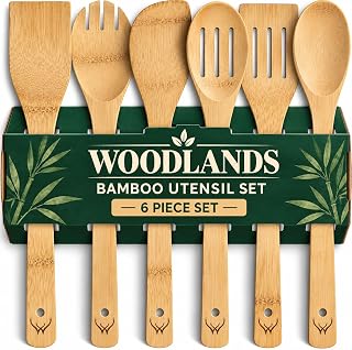 Prime Bamboo Wooden Utensil Set Set of 6 Pcs – Wooden Cooking Utensils with Long Handle, Wooden Spoons for Cooking Includes Flat Wood Spoon, Bamboo Spatula, and Slotted Spoon for Kitchen Utensils Set