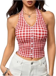 Milumia Women's Gingham Plaid Halter Top Tie Backless Sleeveless Button Front Crop Tank Tops
