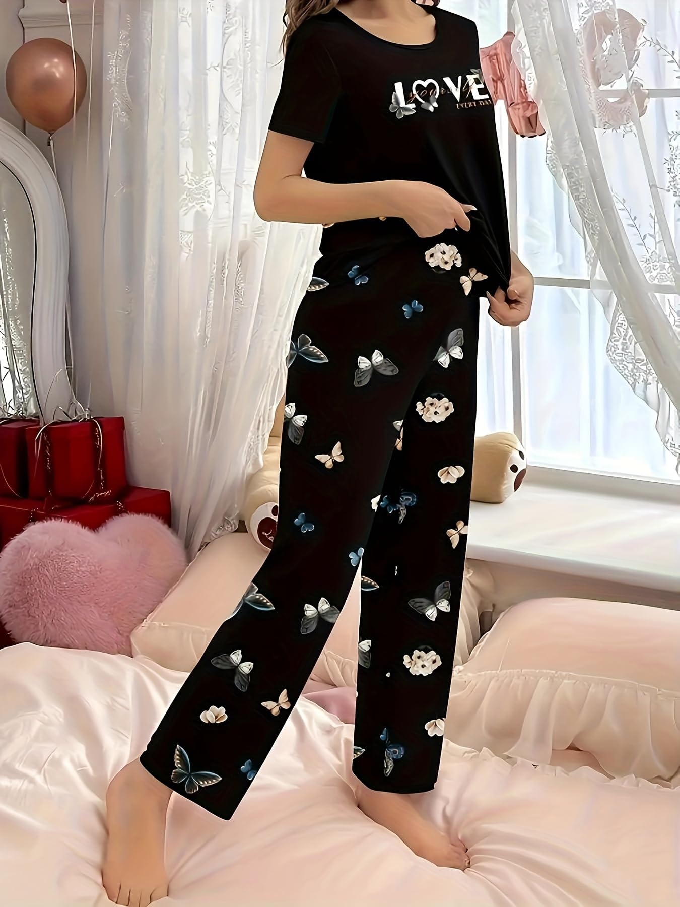 Women Long Sleeve Button Down Pyjamas Set 2 Pieces Cartoon Lounge Wear Soft Home