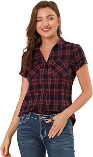 Allegra K Women's Plaid Shirt Cotton Short Sleeve Button Up Western Shirt
