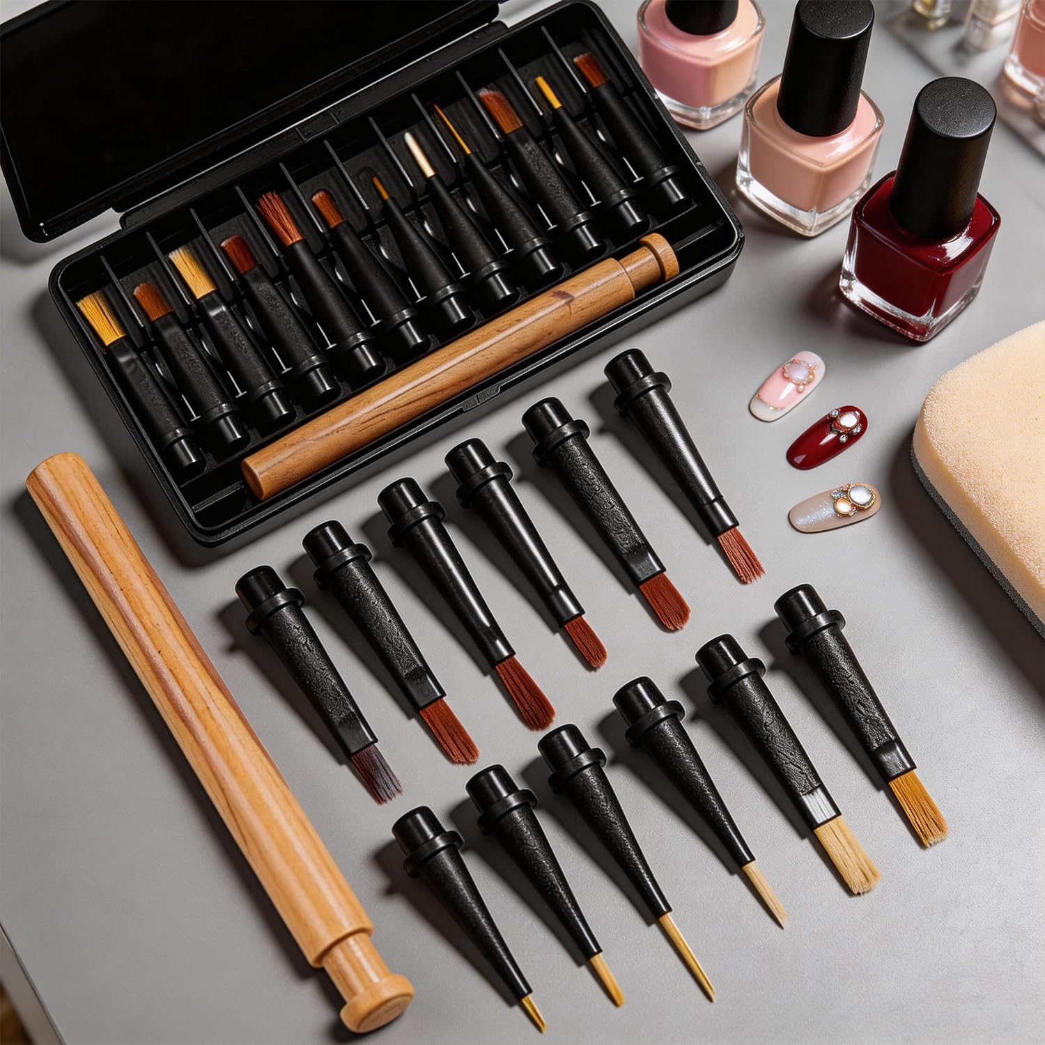 12pcs Nail Polish Brush Set, Replaceable Wooden Handle Nail Polish Brush Set for