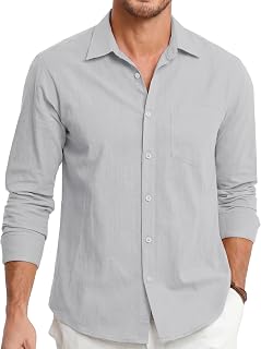 HISDERN Men's Linen and Cotton Shirts Long Sleeve Causal Buttons Regular Fit Summer Lightweight Beach Shirts with Pocket