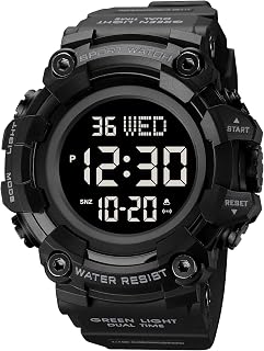 XCZAP Men's Black Digital Sports Watch, Large Face Military Tactical Watch, 5ATM Water Resistant, LED Backlight, Alarm, Stopwatch,Dual Time
