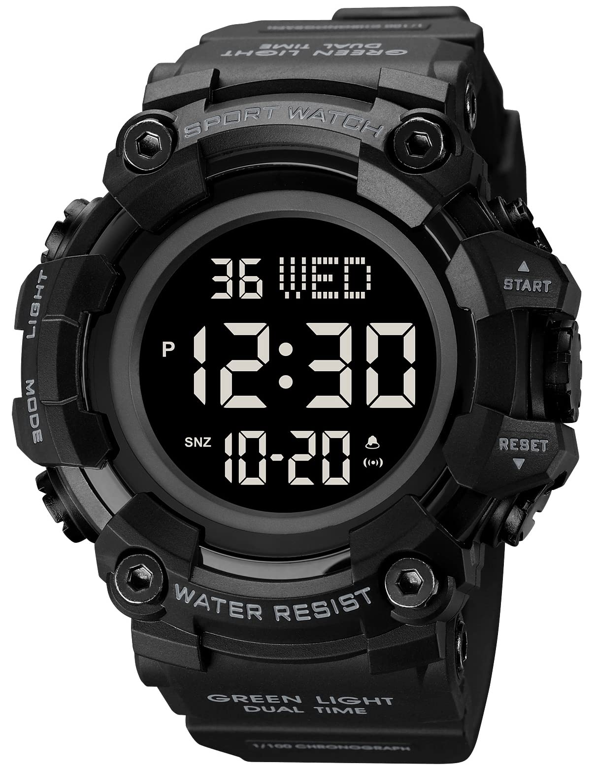 XCZAP Men's Black Digital Sports Watch, Large Face Military Tactical Watch, 5ATM