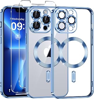 Phoona Plating Cover for iPhone 13 Pro Max 6.7 Inches, Camera Lens Full Protection and 2 × Tempered Glass, Compatible with MagSafe Wireless Charging, Military Protection, Blue