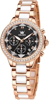 OLEVS Watches for Women Luxury Bezel Diamond Elegant Ceramic Stainless Steel Waterproof Ladies Wrist Watches Fashion Chronograph Woman Dress Watch Gift for Her Reloj Mujer
