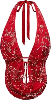 Verdusa Women's Y2K Sequin Cheetah Print Top Halter Going Out Outfits