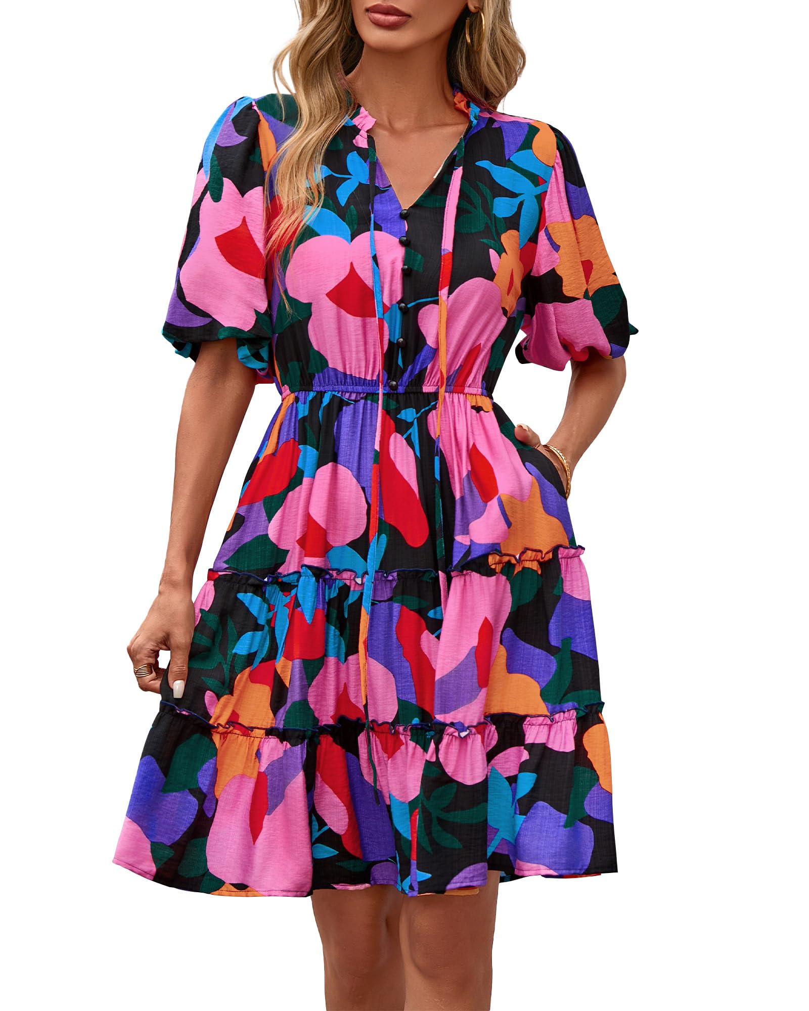 BTFBM Women Summer Floral Short Dresses V Neck Short Sleeve Tiered Ruffle Boho S