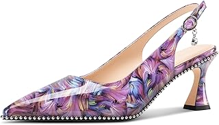 TNYNFBEB Womens Kitten Heel Pointed Toe Beads Slingback Slip On Buckle Prom Party Dress Classic Patent Leather 2.6"