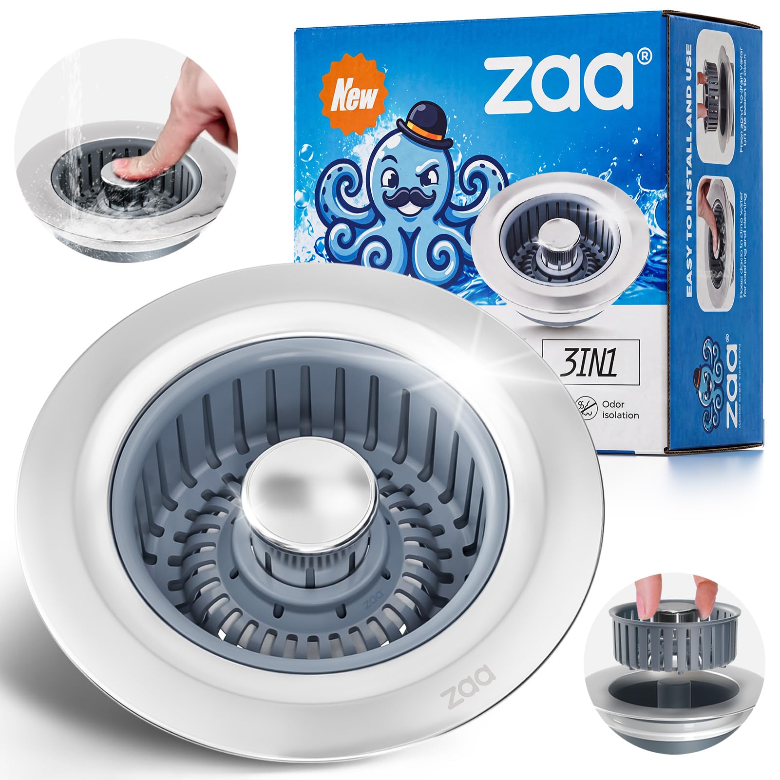 zaa 3-in-1 Kitchen Sink Drain Strainer Stopper, Stainless Steel, Anti-Clog | Pop