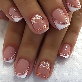 24pcs French Short Square Press-On Nails Nude Pink Fake Nails Leaf Design Glitter Acrylic Soft Gel Fake Nails Reusable Natural Full Cover Stick On Nails for Women Girls Daily Wear