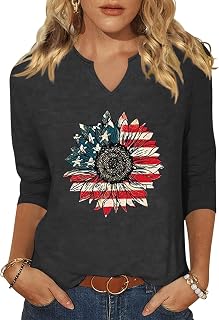 Vircreate Womens 3/4 Sleeve V Neck T-Shirts American Flag Star 4th of July Shirts Independence Day Tees