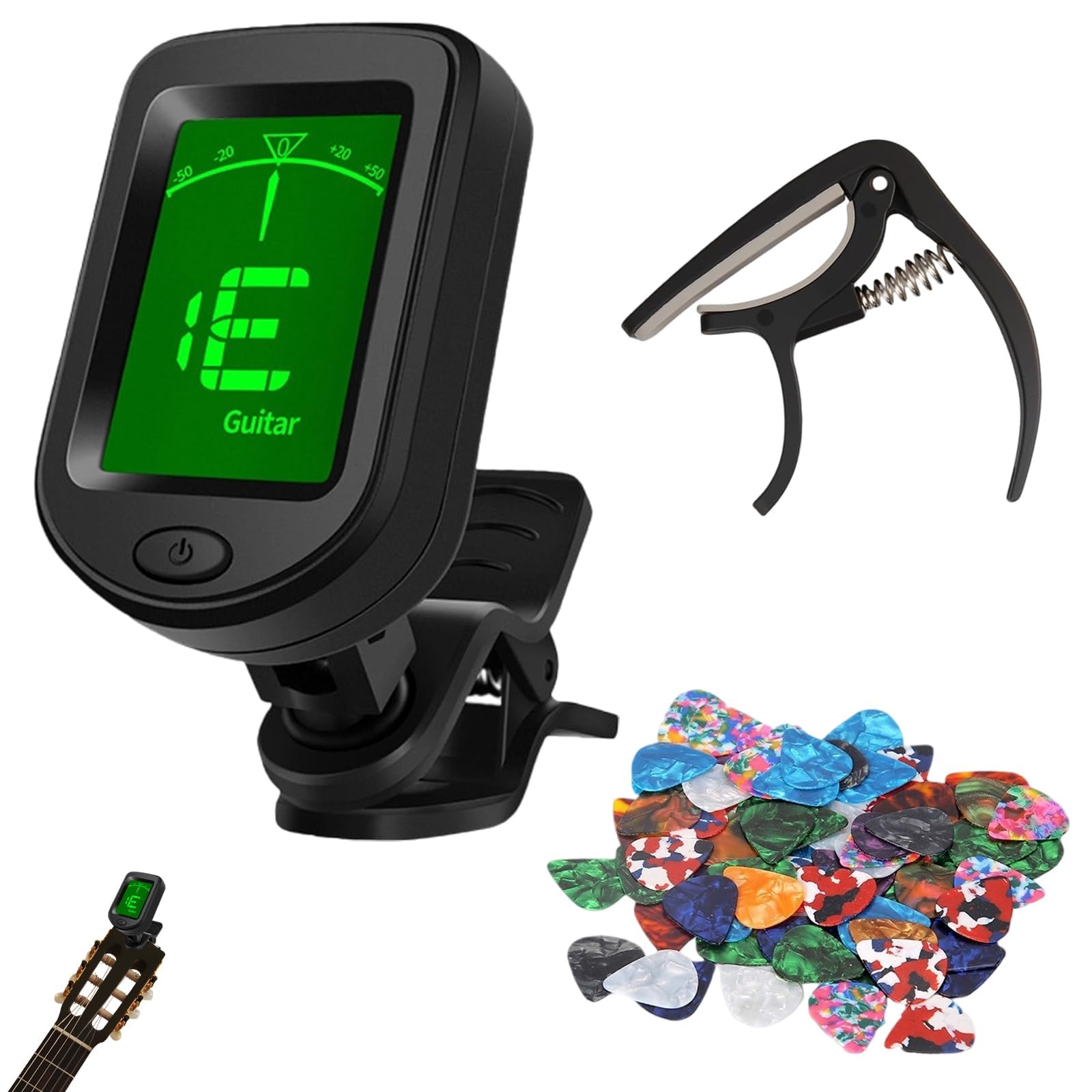 Electric Guitar Tuner and Guitar Capo Acoustic Set, Clip-On Digital Tuner | Clip