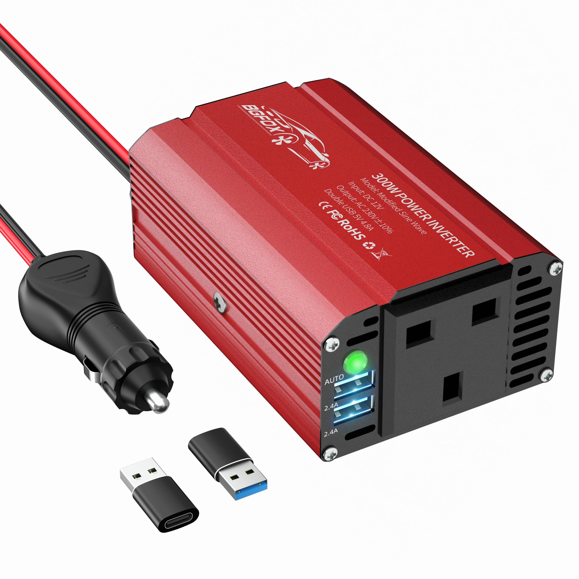 BGFOX 300W Car Power Inverter DC 12V to 240V / 230V AC Modified Sine Wave Voltag