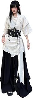 CPHWQ Gothic Harajuku Large Size Black 3-Piece Set [with Belt] Ladies Men's Shirt, 3/4 Sleeve, Irregular, Stylish, Casual, Loose, Individual Style, Lightning Style, Unisex, Spring, Summer, Fall