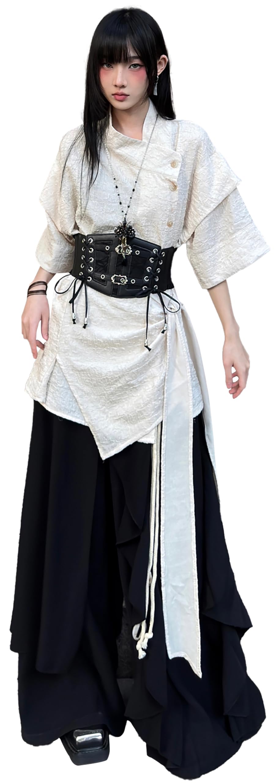 CPHWQ Gothic Harajuku Large Size Black 3-Piece Set [with Belt] Ladies Men's Shir