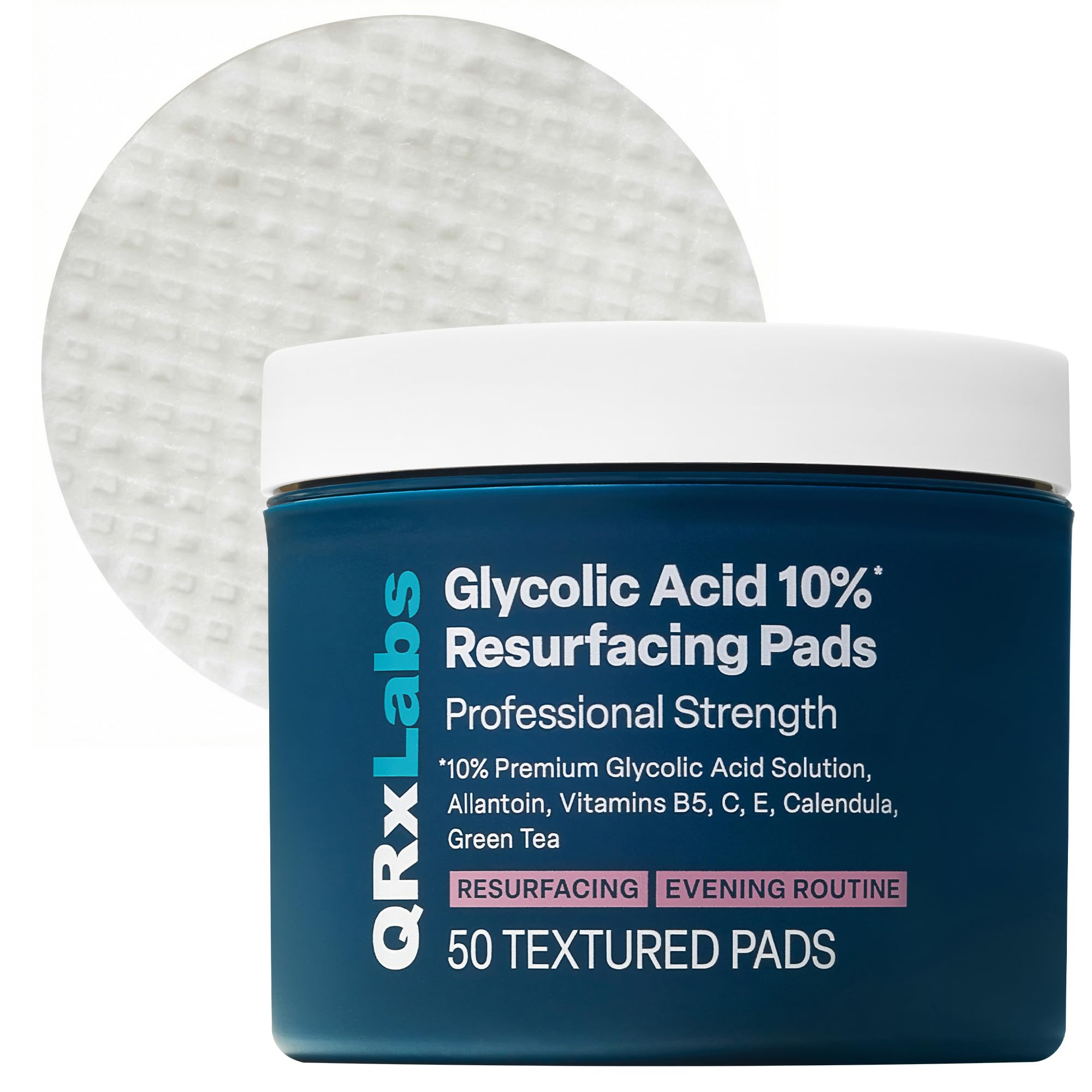 QRxLabs 10% Glycolic Acid Pads - Daily Exfoliating Pads, Face + Body - 50ct