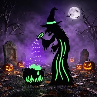 Lewondr 2 Pack Metal Witch Halloween Decorations Outdoor | Witches Yard Stakes with Cauldron Glow in The Dark Witch Signs, 34" Solar Lighted Witche Silhouette Decor for Garden Cemetery