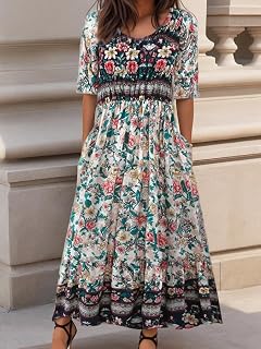Women Summer Boho Dress Floral Print Midi Dress Flowy A-Line Casual Short Sleeve Sun Dress Beach with Pockets