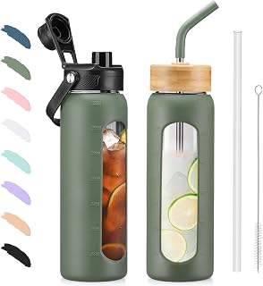 BLUEGO 700ml Glass Water Bottle with Straw and 2 Lids Glass Coffee Cup with Time Marker and Silicone Protector Glass Tumbler for Beverages Soda Cola BPA Free, Oliver
