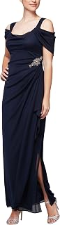 Alex Evenings Women's Long Cold Shoulder Dress, Mother of The Bride, Formal Events (Petite and Regular Sizes) Special Occasion, Beaded Navy, 12