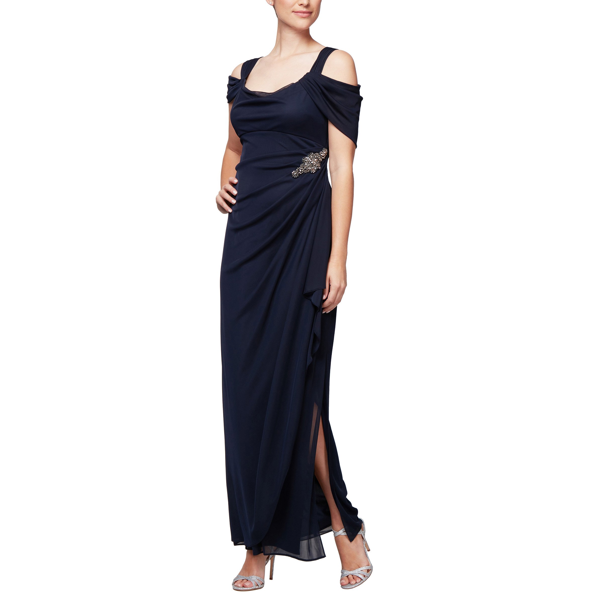 Alex Evenings Women's Long Cold Shoulder Dress, Mother of The Bride, Formal Even