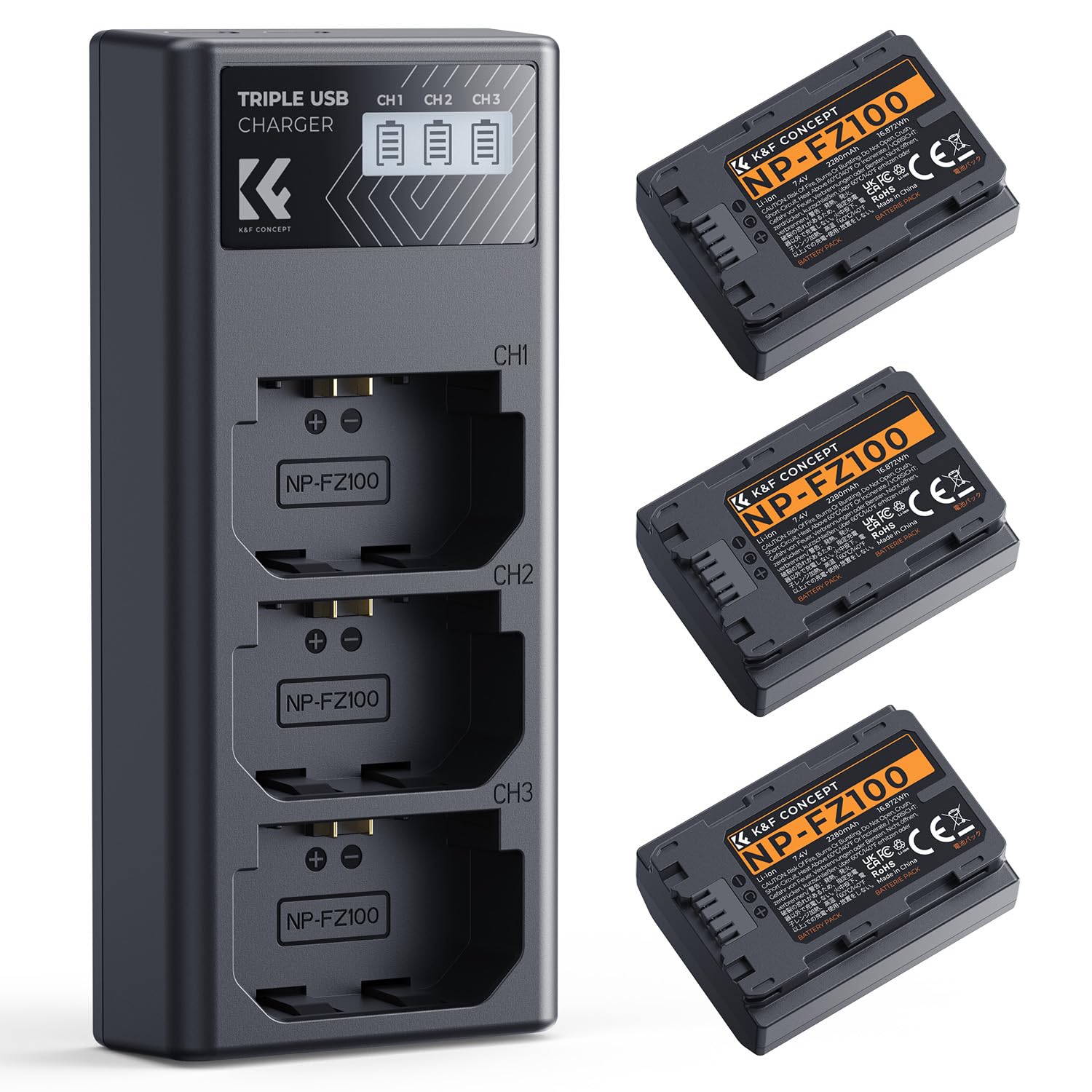 K&F Concept 3-Pack NP-FZ100 Battery and Upgraded LCD Battery Charger Compatible 