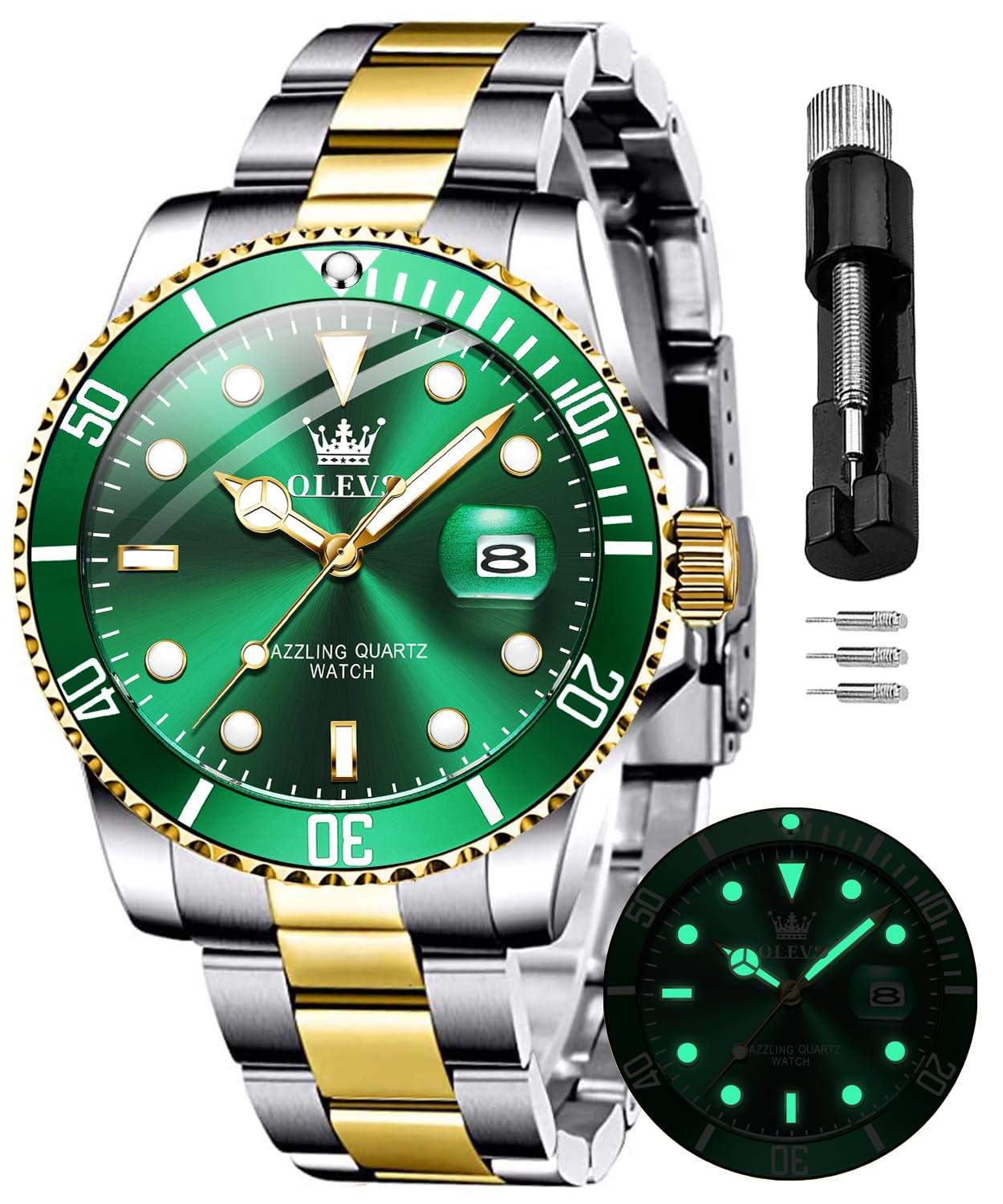 OLEVS Mens Quartz Watches Fashion Waterproof Analog Stainless Steel Date Week Lu