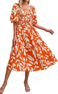 PRETTYGARDEN Women's Summer Casual Dresses 2026 Spring Puff Sleeve Square Neck A Line Flowy Boho Floral Smocked Midi Dress
