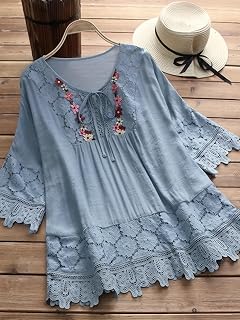 Women Boho Floral Embroidery V Neck Peasant Blouse 3/4 Bell Sleeve Lace Loose Fit